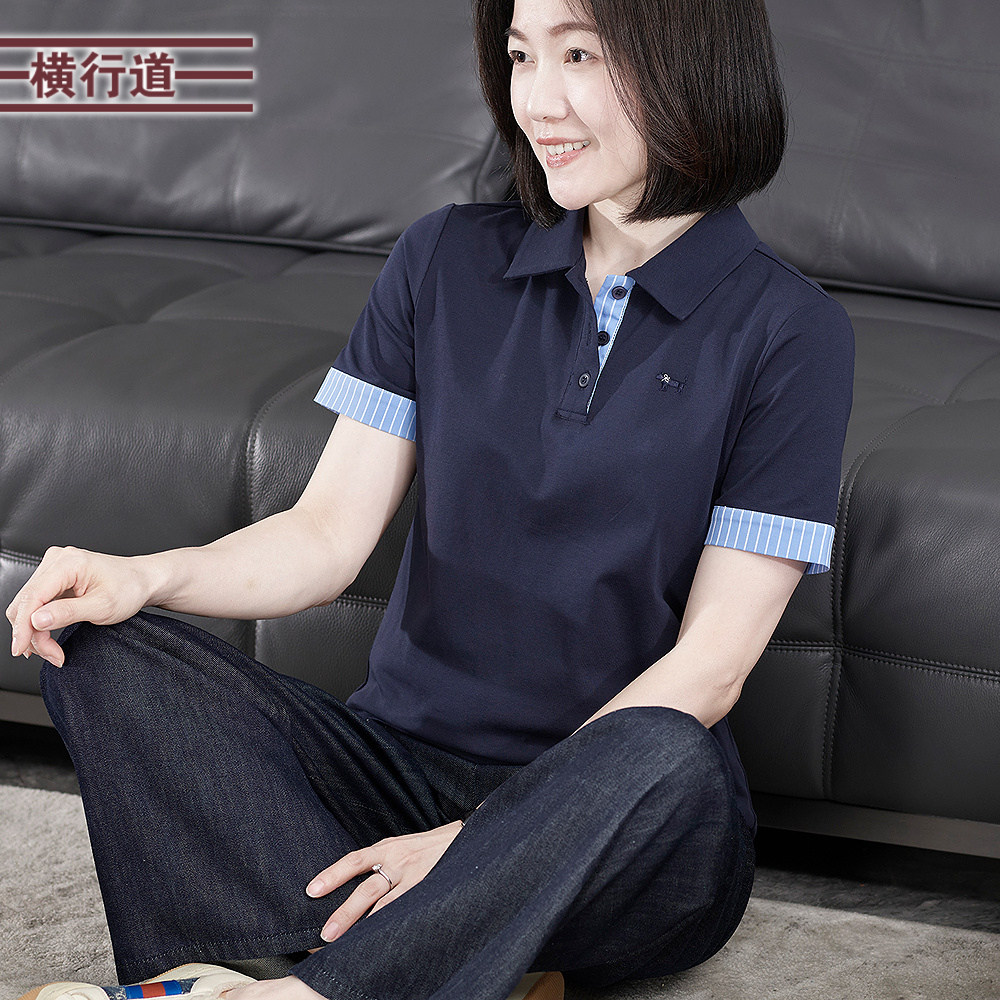 横行道条纹翻袖POLO领绣花T恤