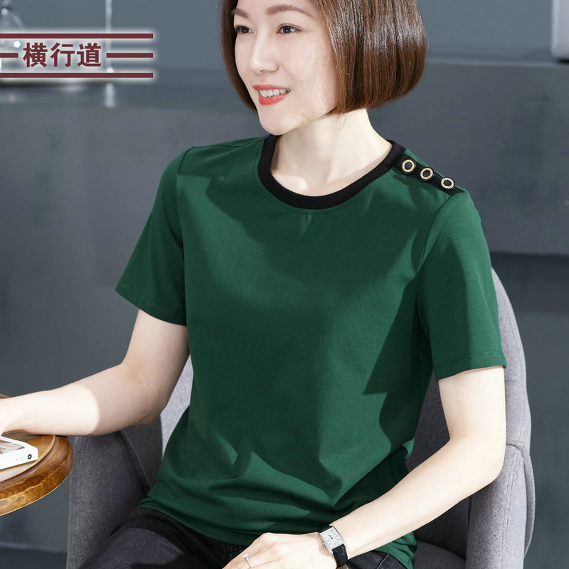 2025夏装新款圆领大码中年妈妈短袖t恤女装大码宽松绿色半袖上衣