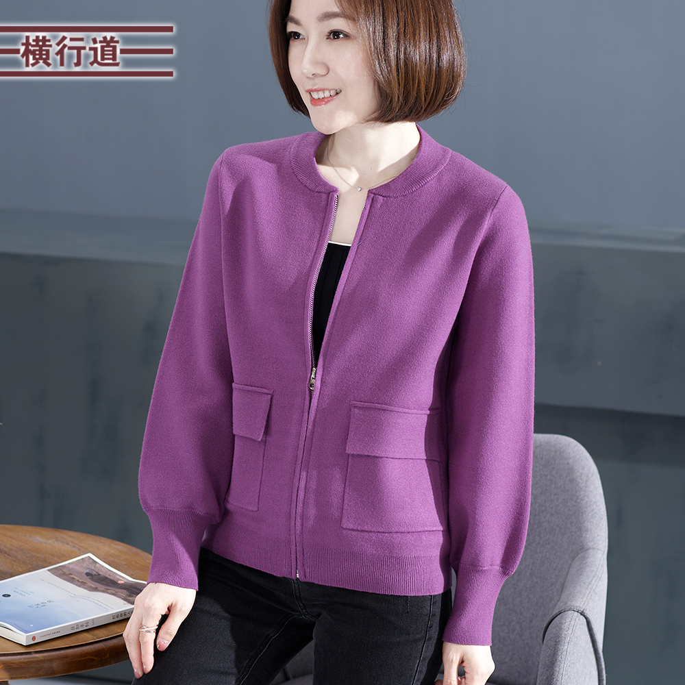 2025秋装新款韩版中年妈妈长袖女针织开衫圆领拉链口袋黑色外套女