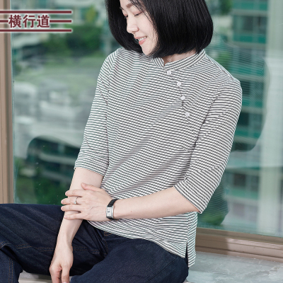 横行道条纹立领斜襟新中式T恤