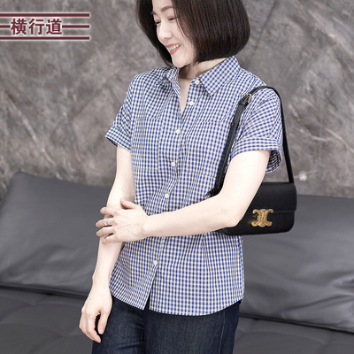 横行道纯棉韩版蓝色格子连肩短袖