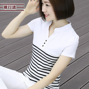 女大码 2025女装 莫代尔v领短袖 夏装 条纹t恤女立领妈妈复古上衣半袖