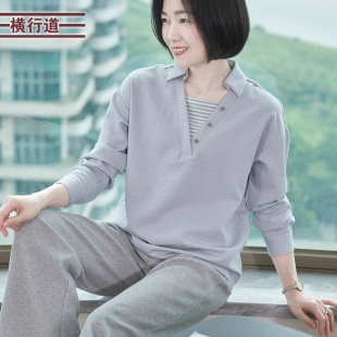 新款 翻领假两件套宽松落肩长袖 2025秋装 上衣纯色衬衫 女士秋衣 韩版