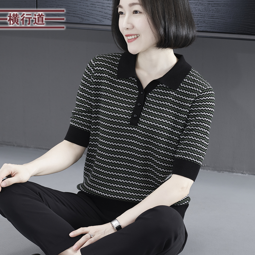 韩版简约休闲女装翻领条纹宽松针织短袖2025新款夏季大码显瘦外穿