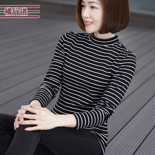 修身 2025春季 t恤女大码 纯棉半高领条纹打底衫 上衣服 中年妈妈长袖