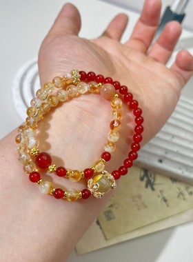2025新中式红玛瑙黄塔晶水晶手链女手串双圈叠戴百搭复古实拍爆款