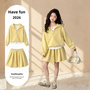 2026超火女童装套装春秋中大童学院风假两件套头卫衣半身裙两件套