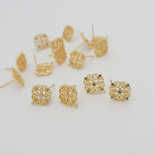 优雅古风蕾丝四叶花耳钉s925银针铜镀18K包金彩色锆石耳饰diy配件