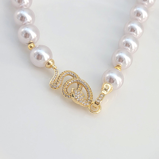 18K包金保色镶钻生肖蛇万能珍珠连接扣diy串手链毛衣链收尾扣配件
