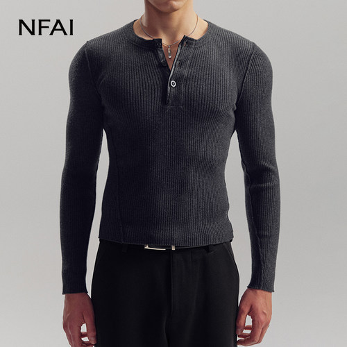 NFAI 拼皮亨利领长袖 重磅羊毛 l 合身版型 l 羊皮拼接