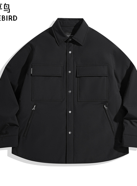 太平鸟男装 石墨烯面料衬衫式工装羽绒服冬季翻领黑色防寒服