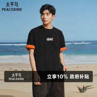 重磅刺绣短袖 太平鸟男装 T恤夏宽松圆领情侣体恤S 晚心联名