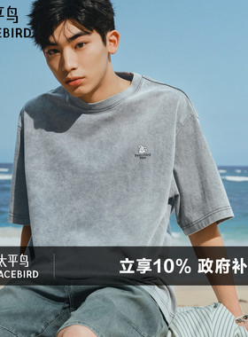 【晚心联名】太平鸟男装水洗做旧体恤夏潮牌宽松刺绣短袖T恤