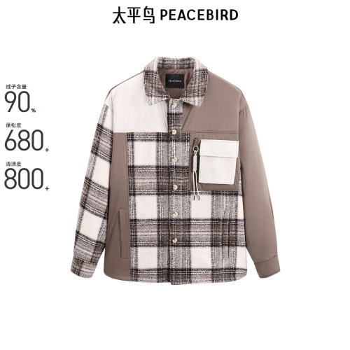 太平鸟男装 休闲羽绒服男士时尚潮流美式格纹拼接衬衫式羽绒服潮