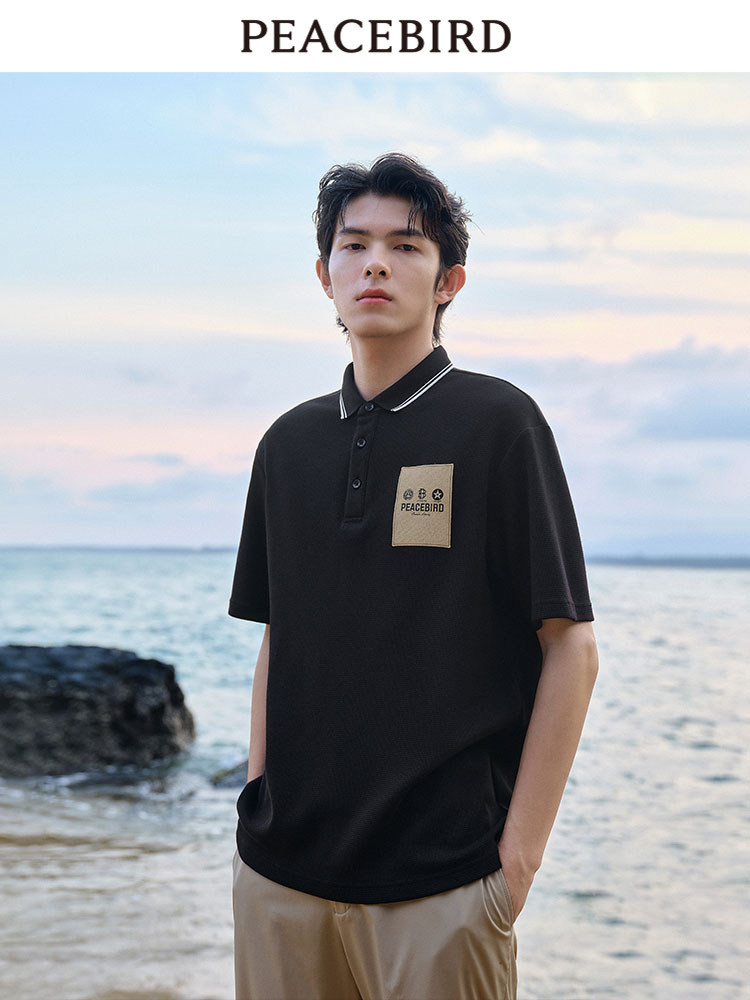 [WAFFLE]PEACEBIRD MENS POLO SHIRT MENS CONTRAST LAPELS SHORT SLEEVE T-SHIRT EMBROIDERED LABEL POLO SHIRT