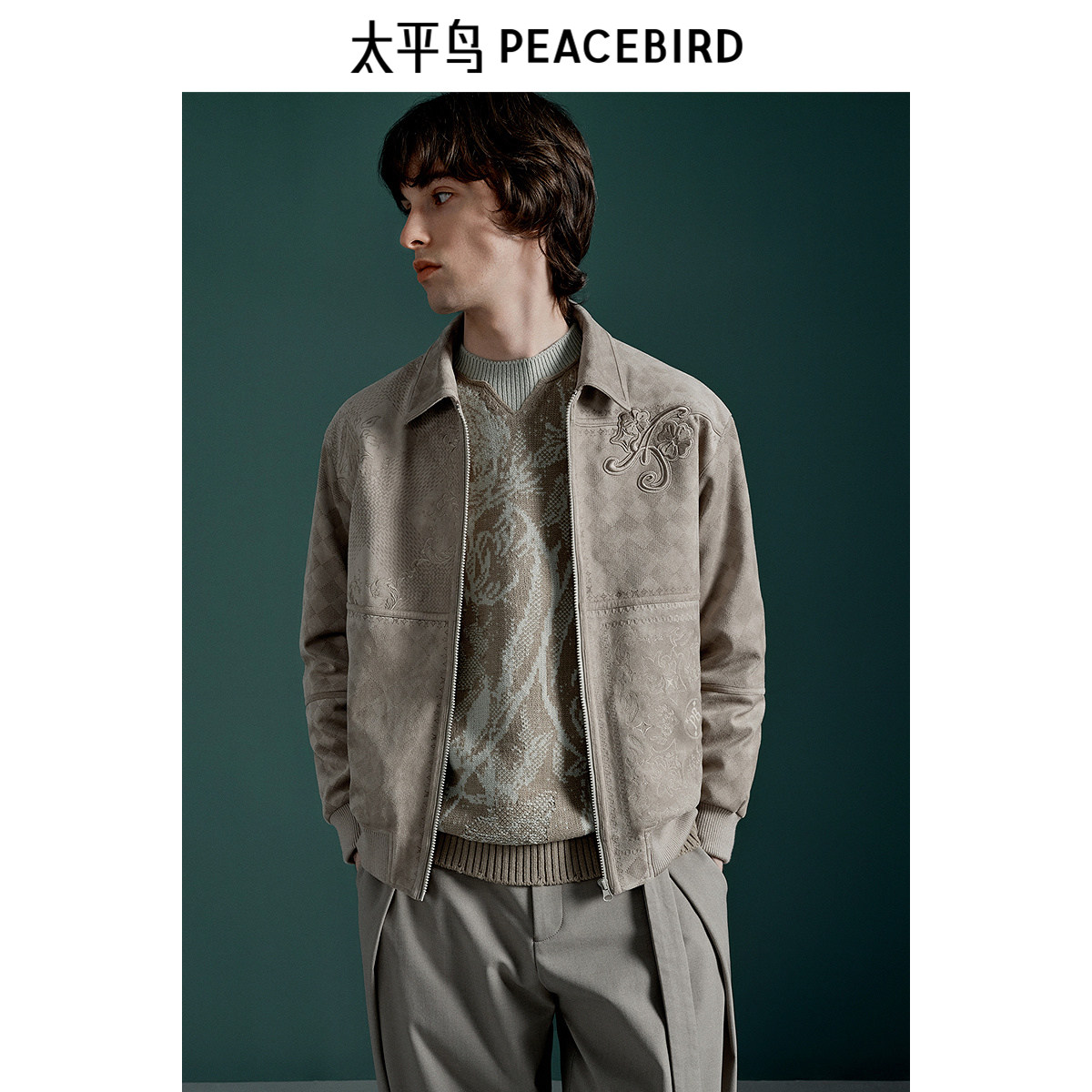 太平鸟男装夹克重工棒球服仿麂皮外套潮流时尚满版提花宽松外套