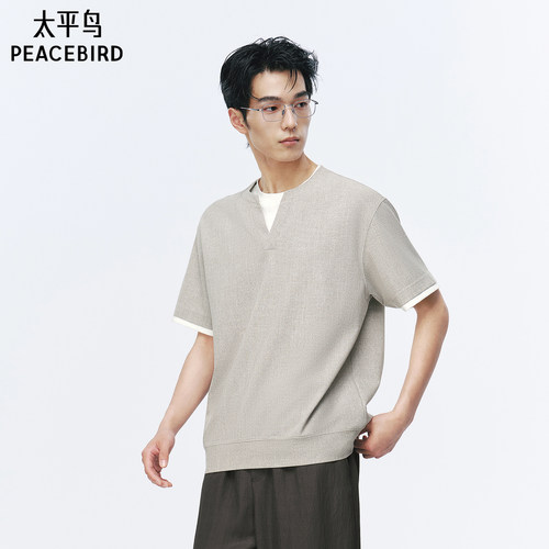 太平鸟男装T恤26夏季亨利领休闲纯色短袖 B1CNG2471#