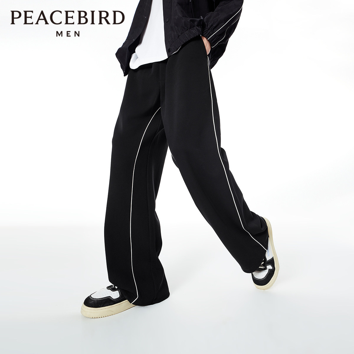 太平鸟男装休闲裤24春新款直筒宽松潮牌明线裤男士青年阔腿卫裤