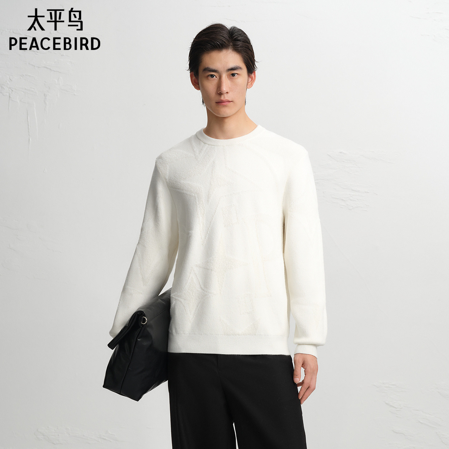 太平鸟男装立体肌理提花毛衫青年纯色时尚圆领毛衣通勤针织衫