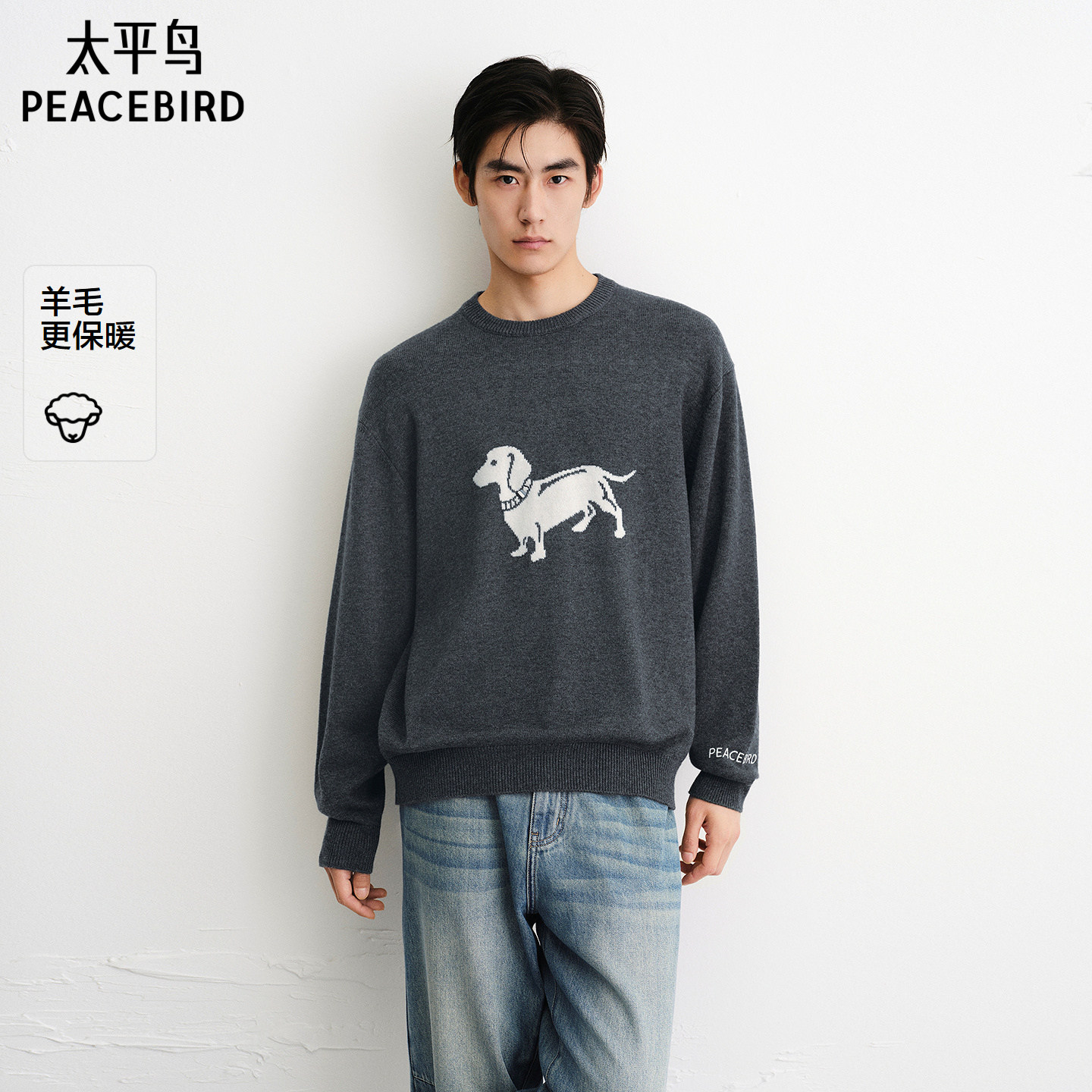太平鸟男装 休闲毛衣2025秋季新款羊毛混纺宽松男士小狗提花毛衫