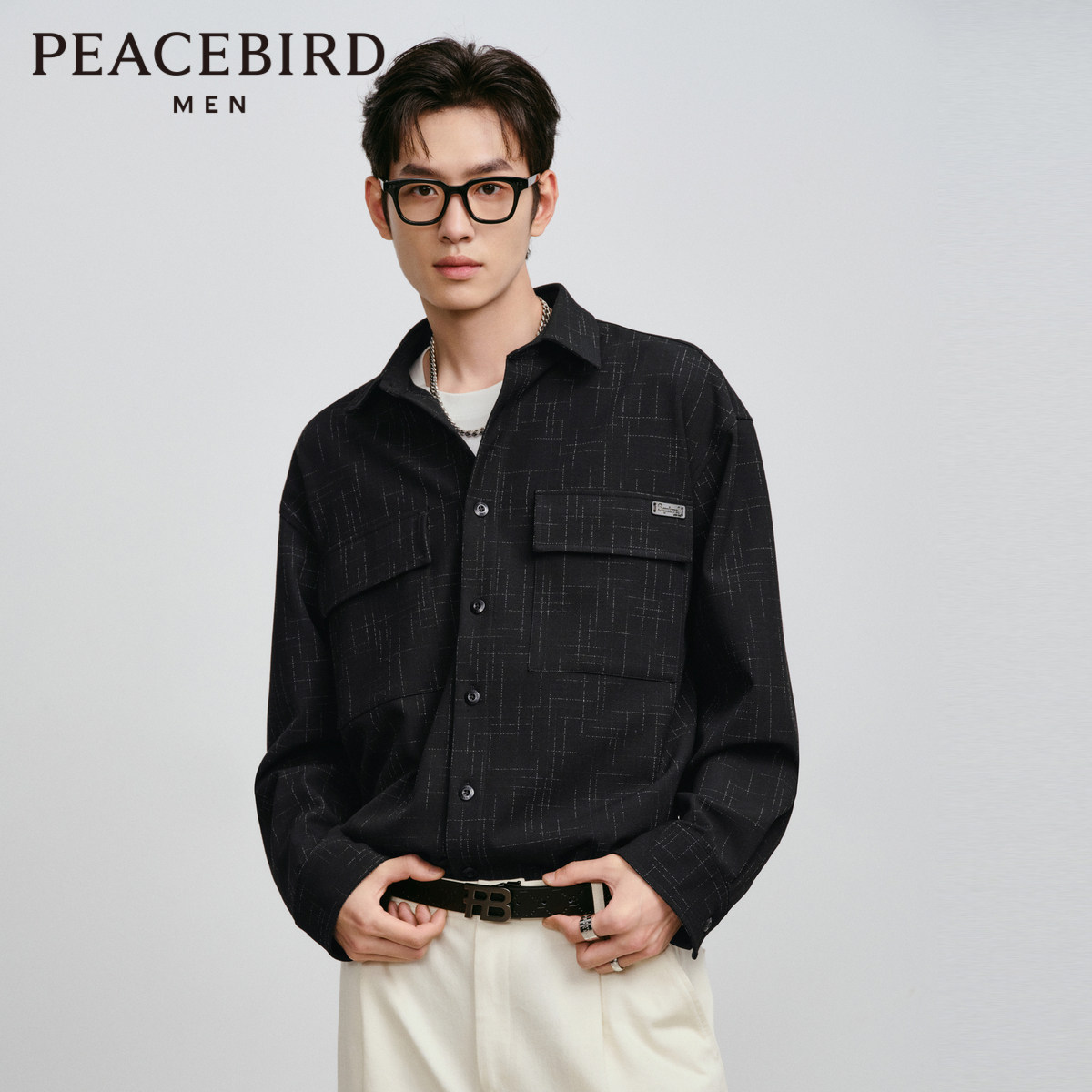 太平鸟男装 休闲衬衫时尚舒适夏秋时尚休闲衬衫肌理小香风衬衫男