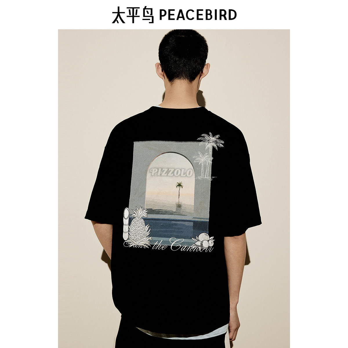 太平鸟男装 休闲T恤夏季时尚舒适重磅宽松刺绣印花男士短袖T恤