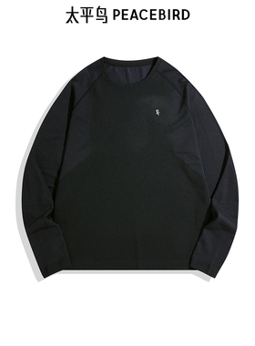太平鸟男装 黑色拼接T恤宽松印花运动圆领套头长袖打底衫男