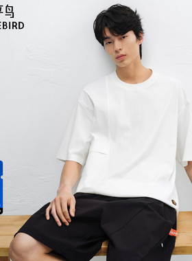 太平鸟男装重磅分割线短袖T恤25夏新款纯色圆领体恤男生半袖白tS
