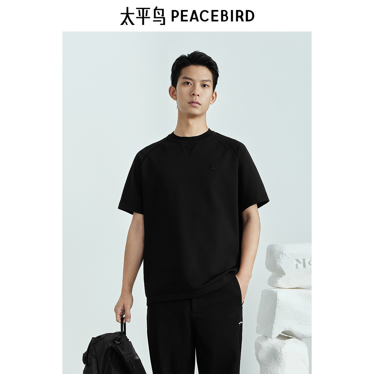 太平鸟男装重磅短袖T恤秋季立体刺绣宽松体恤衫圆领半袖