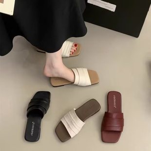 度假凉拖裙子海边沙滩鞋 女外穿褶皱休闲小 软皮配夏季 一字拖鞋