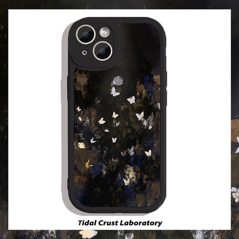油画化蝶飞舞高级酷黑色仿小羊皮手机壳适用苹果17nova14华为