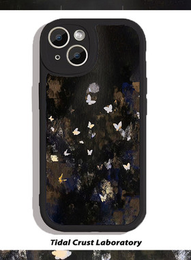 油画化蝶飞舞高级酷黑色仿小羊皮手机壳适用苹果17nova14华为p70/mate70小米15reno14vivo30荣耀300iPhone15