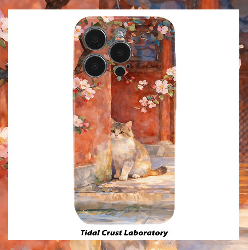 油画红墙花影下的猫菲林二合一手机壳适用苹果17nova14华为p70mate60小米15opporen14ovivo荣耀300iPhone16