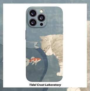 复古猫咪与金鱼的对视菲林二合一手机壳适用苹果17nova14华为p70mate60小米15opporen14ovivo荣耀300iPhone16