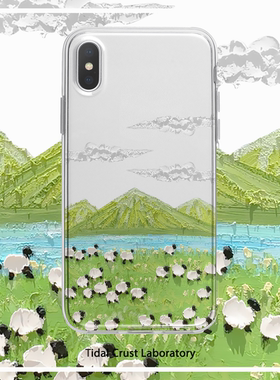 绿色山脉小羊油画卡通透明手机壳适用苹果17nova14华为p70/mate70小米15opporeno14vivo30荣耀300iPhone15