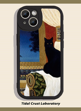 油画可爱黑猫高级酷黑色仿小羊皮手机壳适用苹果17nova14华为p70/mate70小米15reno14vivo30荣耀300iPhone15