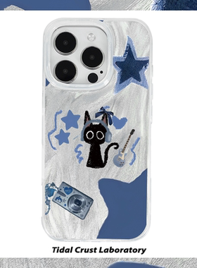 可爱蓝色牛仔黑猫星星羽纱渐变手机壳适用苹果16nova14华为p80mate70小米15opporen14ovivo荣耀300iPhone15