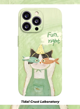 绿色复古猫咪吃鱼可爱菲林二合一手机壳适用苹果17nova14华为p70mate60小米15opporen14ovivo荣耀300iPhone16