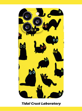 可爱满屏黑色猫咪亮黄菲林二合一手机壳适用苹果17nova14华为p70mate60小米15opporen14ovivo荣耀300iPhone16