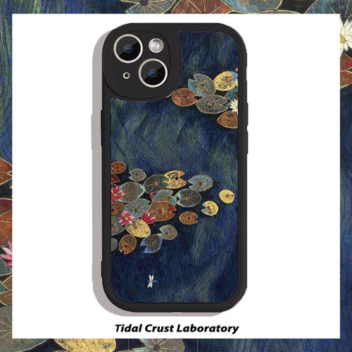 油画睡莲莫奈复古酷黑色仿小羊皮手机壳适用苹果17nova14华为p70/mate70小米15reno14vivo30荣耀300iPhone15