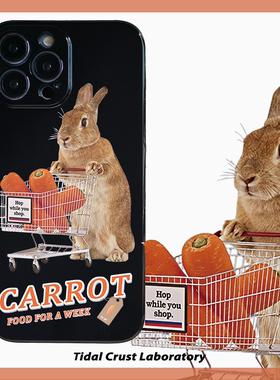 卡通兔子兔年网红亮面黑色全包手机壳适用苹果15nova10华为p50E/mate40小米13opporeno9vivo荣耀80iPhone14