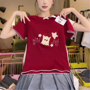 植绒苹果刺绣正肩短袖 设计感拼色甜妹修身 显瘦短款 上衣 T恤女夏季