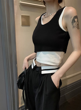 好有心机美住了！撞色假两件无袖背心女夏季辣妹修身运动短款上衣