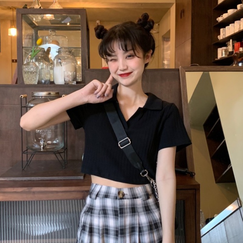 黑色短袖polo女夏新款设计上衣