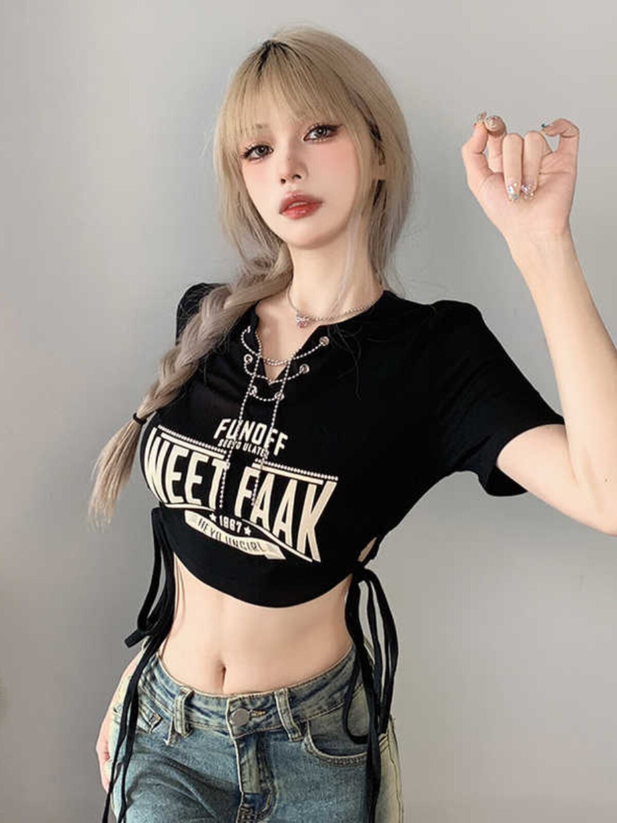AMERICAN SHORT SLEEVE PRINTED T-SHIRT WOMENS SUMMER DESIGN SENSE CHAIN V-NECK BABES DRAWSTRING CARDED WAIST CROPPED CROP TOP TIDE