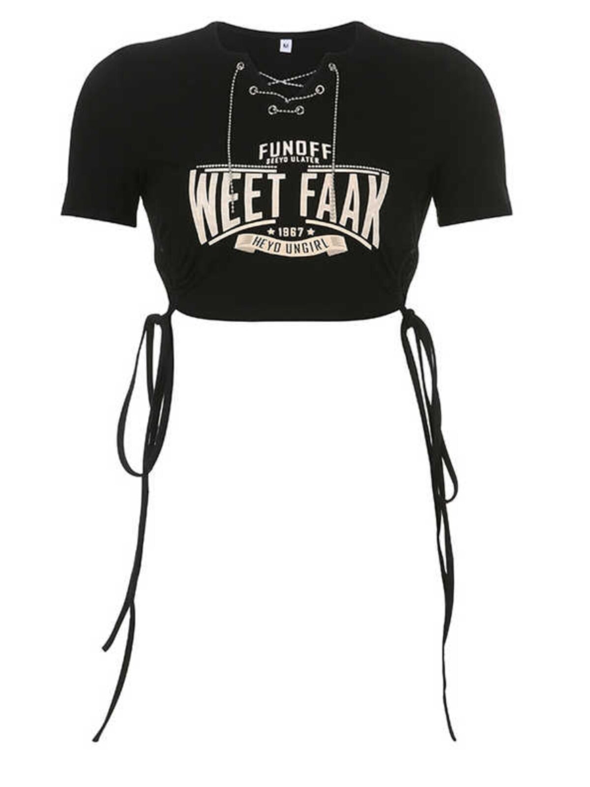 AMERICAN SHORT SLEEVE PRINTED T-SHIRT WOMENS SUMMER DESIGN SENSE CHAIN V-NECK BABES DRAWSTRING CARDED WAIST CROPPED CROP TOP TIDE