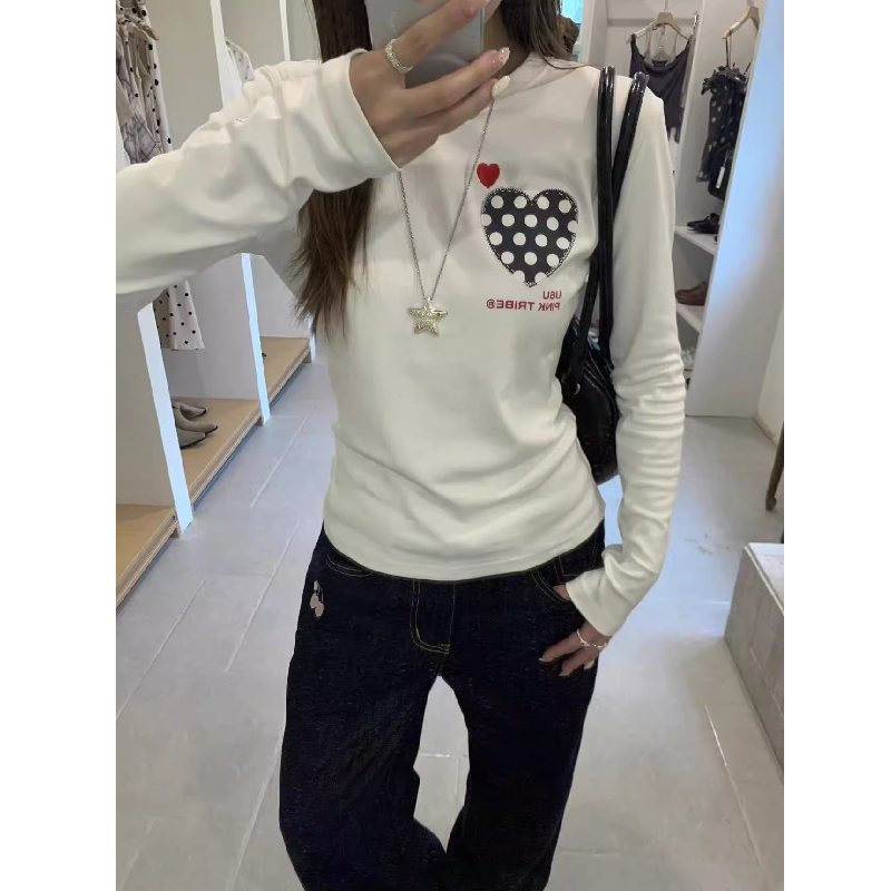 美式复古爱心印花正肩长袖T恤女