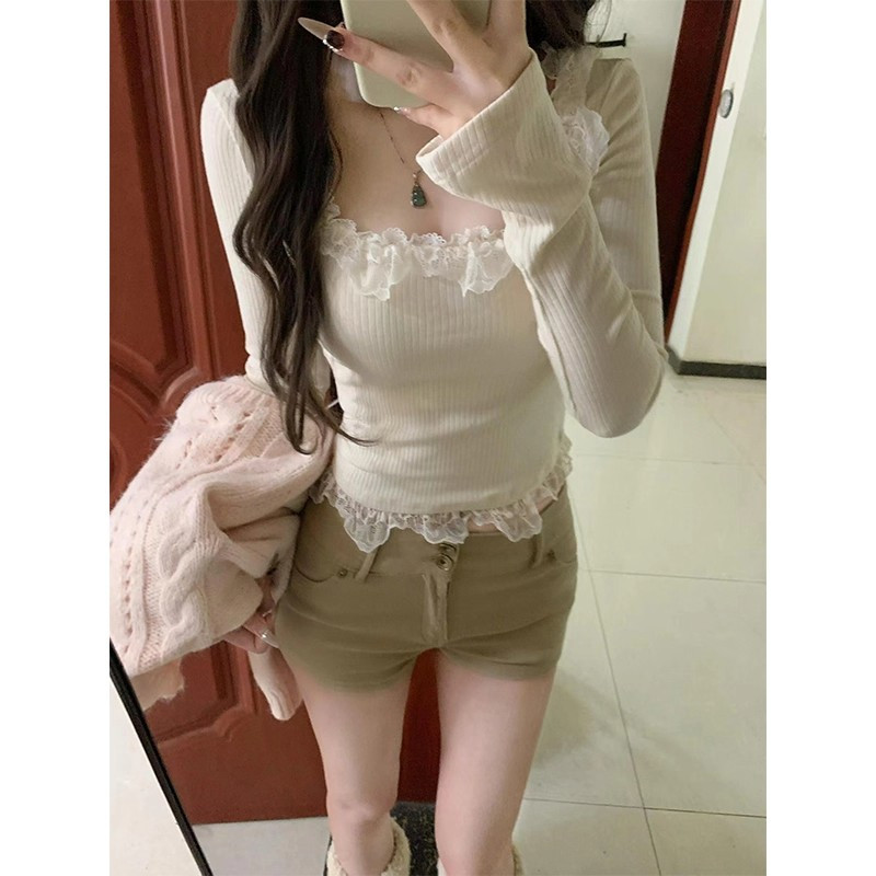 纯欲辣妹蕾丝花边方领长袖t恤女
