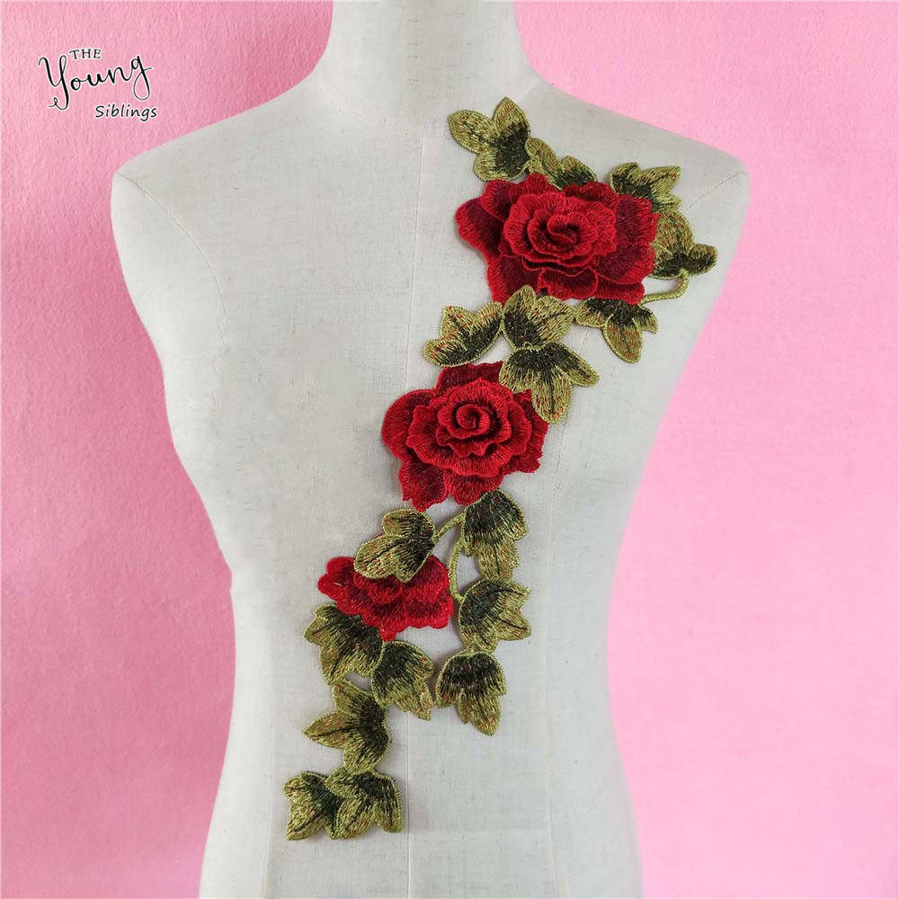 红色玫瑰花朵diy刺绣手工衣服连衣裙贴花时尚百搭服装辅料配件