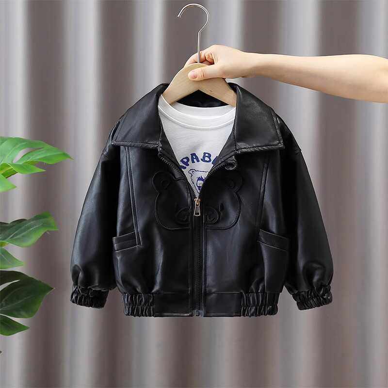 儿童春秋休闲皮衣洋气百搭机车服韩版宽松男童女童上衣翻领外套潮